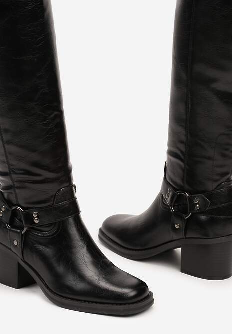 Czarne Kozaki na Obcasie w Stylu Bikerów z Okrągłą Klamrą Eziella