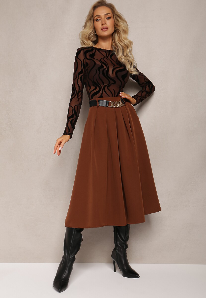Brązowa Spódnica Rozkloszowana z Paskiem Tenga