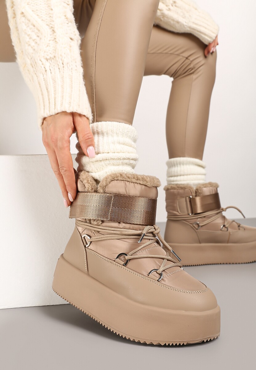 Ciemnobeżowe Śniegowce na Wysokiej Platformie z Futerkiem i Zapięciem na Rzep Norielia