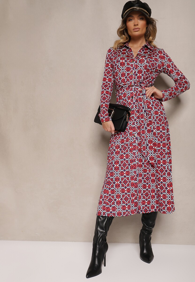 Czerwono-Biała Sukienka Maxi o Taliowanym Kroju z Paskiem w Geometryczny Wzór Perani