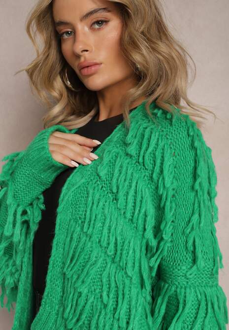 Zielony Niezapinany Kardigan z Frędzlami Segentri