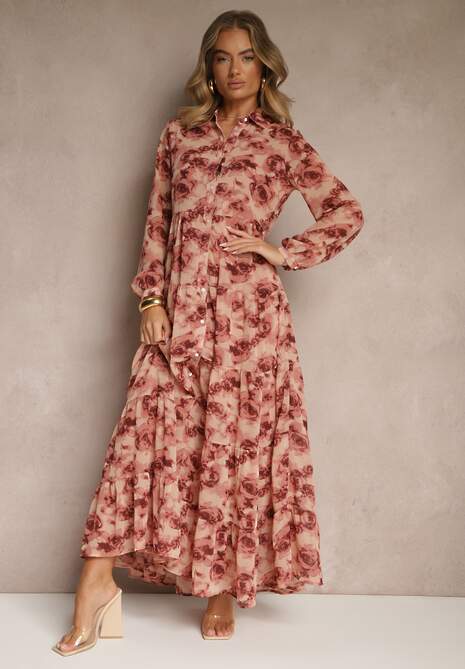 Różowa Rozkloszowana Sukienka Koszulowa Maxi w Kwiaty Nersa
