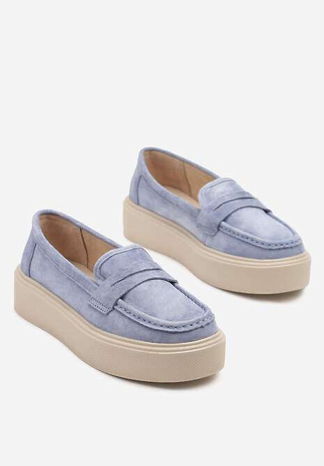 Niebieskie Mokasyny na Grubej Podeszwie z Wkładką ze Skóry Naturalnej Polvia