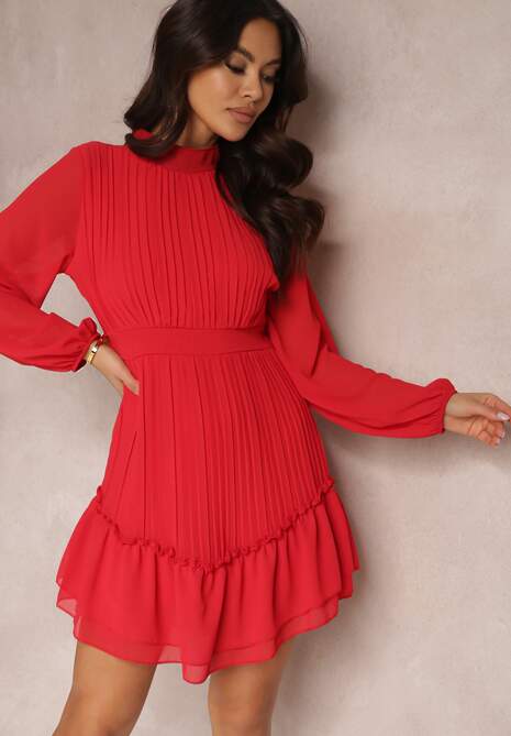 Czerwona Rozkloszowana Sukienka z Falbanką Mini Cirme