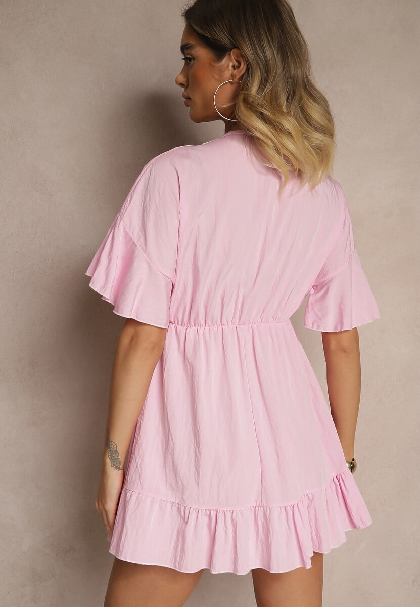 Różowa Rozkloszowana Sukienka z Wiskozą z Rękawami Typu Nietoperz i Falbanką Nellimi