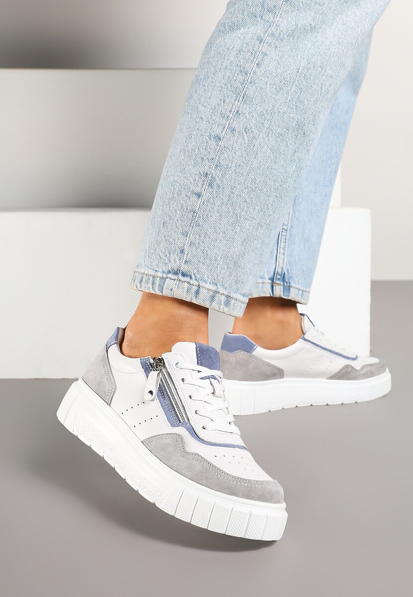 Biało-Szare Streetwearowe Sneakersy ze Skóry Naturalnej z Ozdobnym Suwakiem Eleavenna