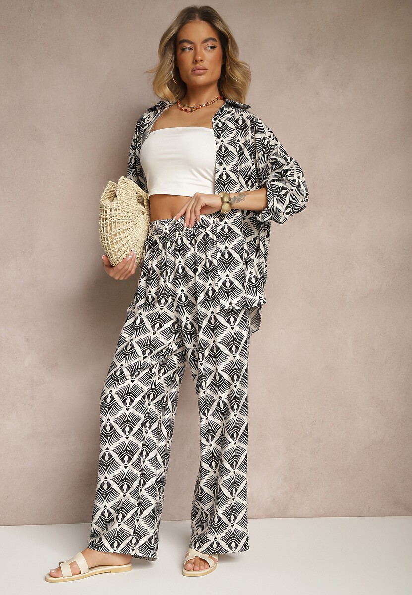 Zielony Komplet z Wiskozy Koszula i Spodnie w Ornamentalny Print Desanelia