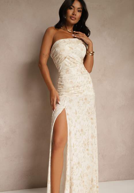 Beżowa Koktajlowa Sukienka o Asymetrycznym Kroju w Kwiaty Melaniela