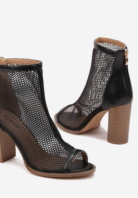 Czarne Sandały Botki na Słupku  Peep Toe z Siateczkową Cholewką Loridi