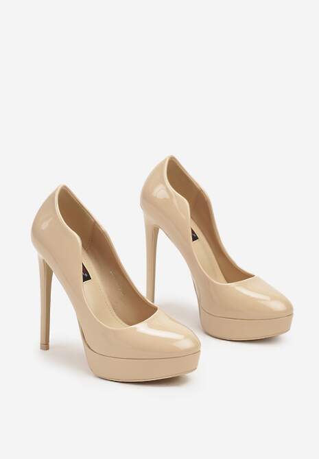 Beżowe Szpilki z Lakierowaną Asymetryczną Cholewką i Platformą Acilana