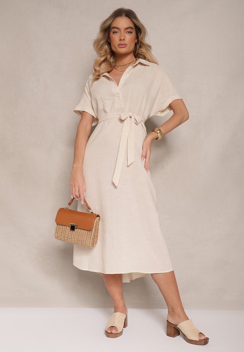 Beżowa Wiskozowa Sukienka Koszulowa z Wiązanym Paskiem w Talii Vanisti