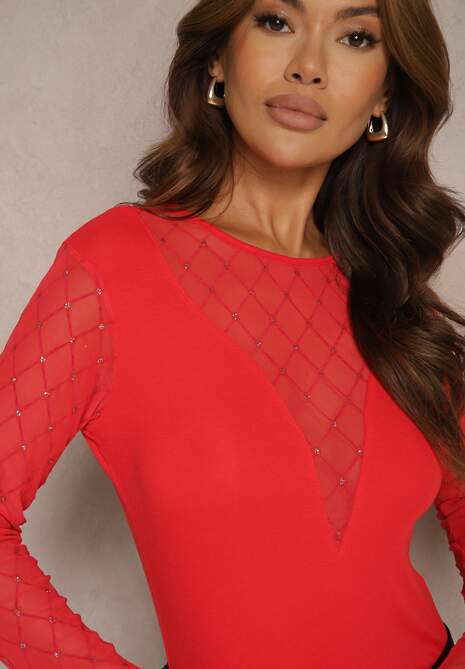 Czerwona Wiskozowa Bluzka z Transparentnymi Wstawkami i Brokatem Irilissa