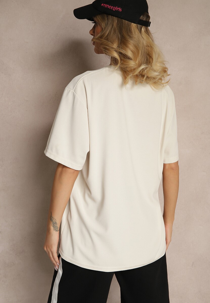 Jasnobeżowa Bawełniana Koszulka T-shirt z Tłoczonym Napisem Lunorina