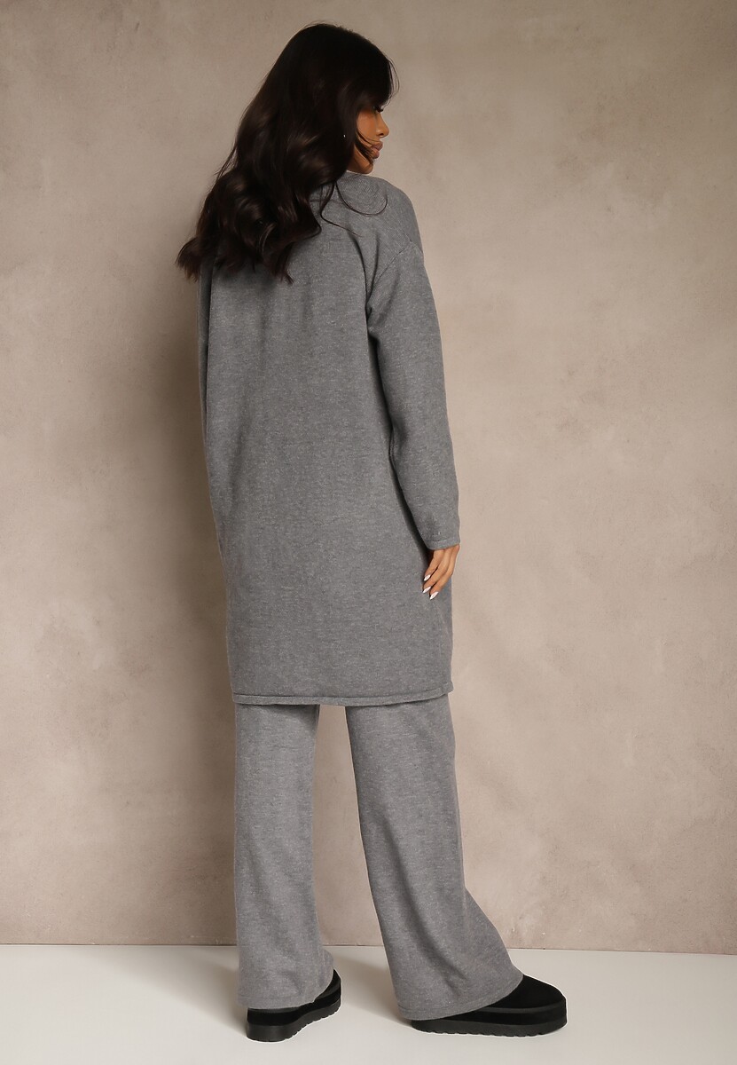 Szary Komplet z Dzianiny z Wełną Długi Kardigan Kamizelka i Spodnie Netivia