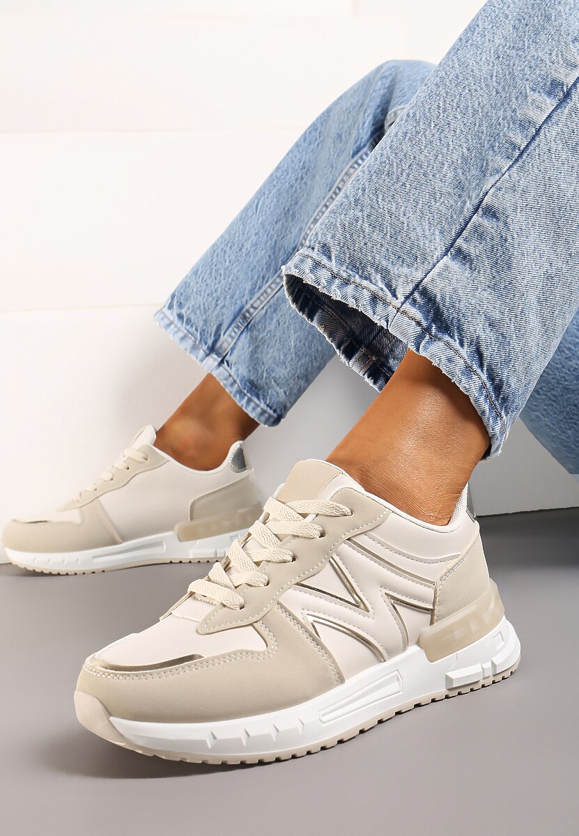 Beżowe Płaskie Sneakersy ze Sznurowaniem z Metalicznymi Wstawkami Remarie