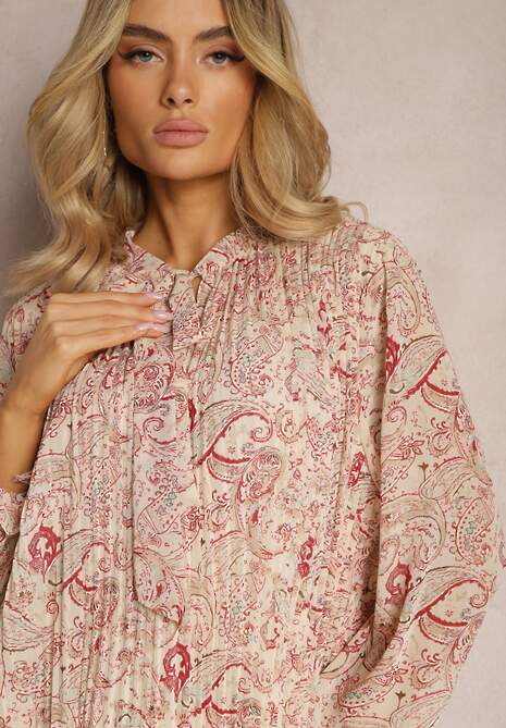 Jasnobeżowa Rozkloszowana Sukienka z Wiązaniem przy Szyi w Print Paisley Clarosa