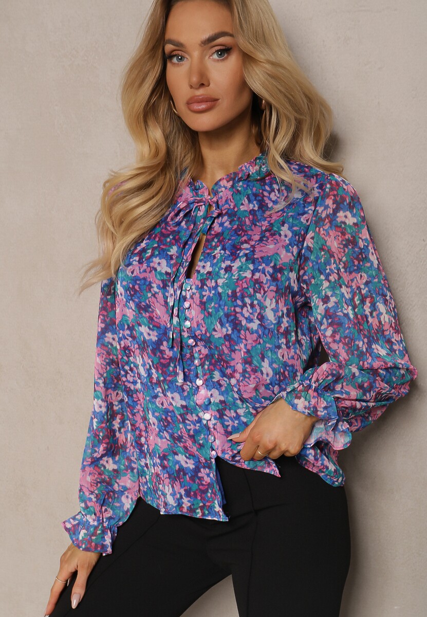 Niebiesko-Fioletowa Siateczkowa Koszula w Kwiatowy Wzór z Wiązaniem Przy Dekolcie Ilerena