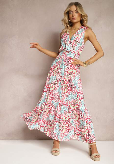 Czerwono-Niebieska Kwiatowa Sukienka z Wiskozy o Rozkloszowanym Fasonie z Falbanką Pallad