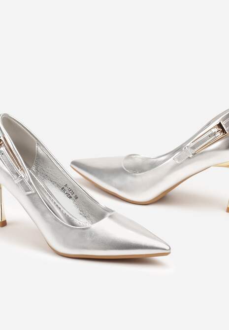 Srebrne Czółenka na Szpilce Wykończone Ozdobną Klamrą Neviauna