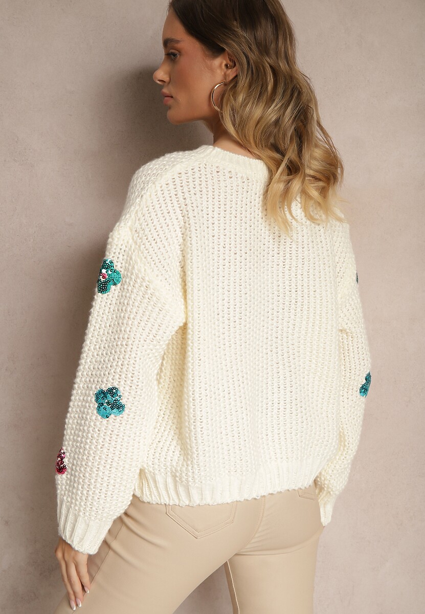 Jasnobeżowy Sweter z Wiskozą Zdobiony Cekinowymi Aplikacjami z Kwiatami Edalora
