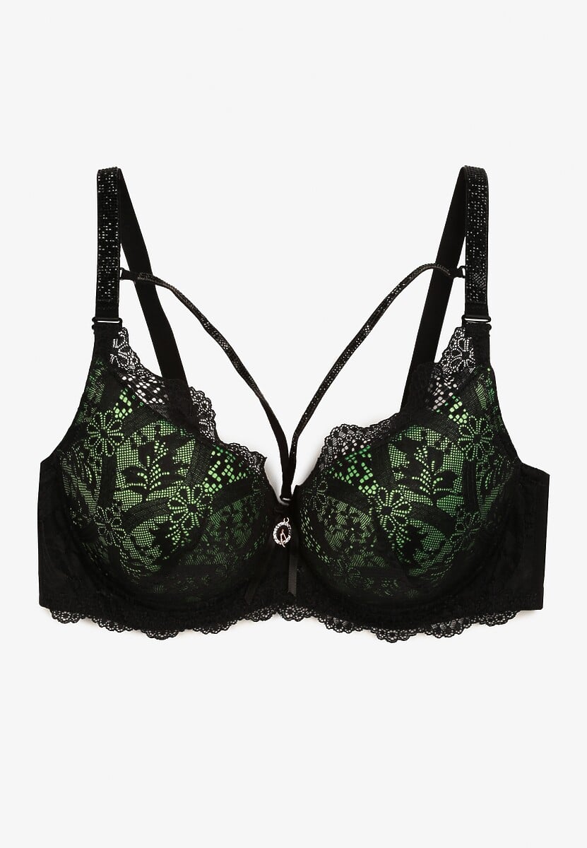 Czarno-Zielony Biustonosz Full Cup z Koronką Cyrkoniami i Ozdobnym Paskiem na Regulowanych Ramiączkach Vladia