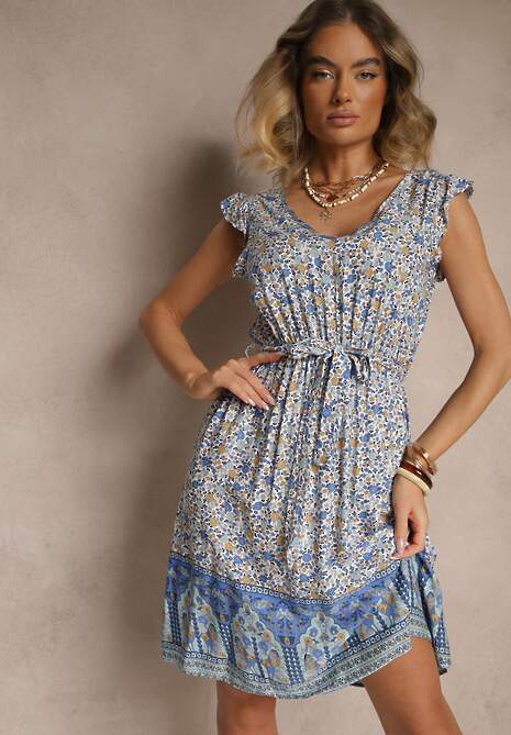 Niebieska Rozkloszowana Sukienka z Wiskozy z Wiązanym Paskiem Sepelise