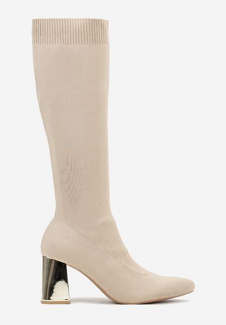 Ciemnobeżowe Eleganckie Kozaki VICES na Metalicznym Obcasie ze Skarpetkową Cholewką Nalaina