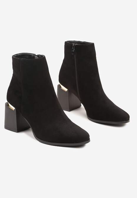 Czarne Botki z Ekozamszu na Niskim Obcasie z Metalicznym Detalem Zinamara