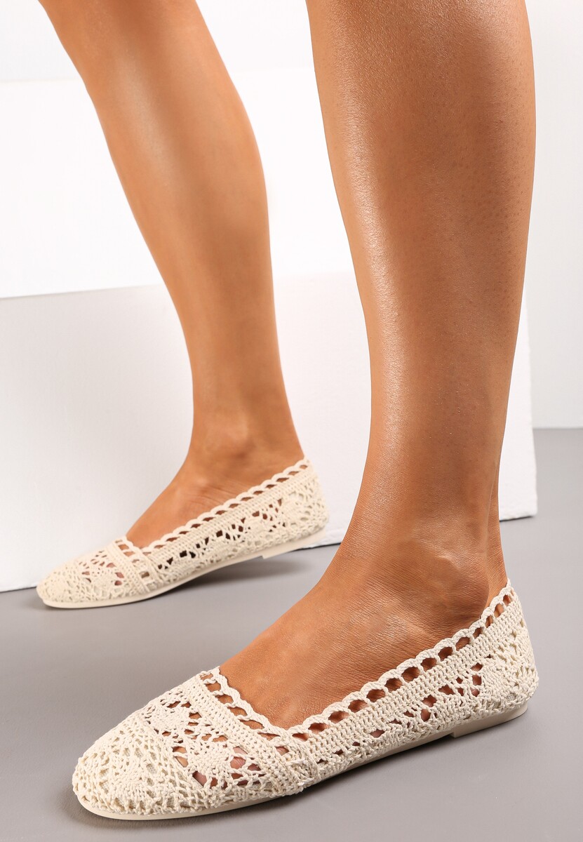 Beżowe Ażurowe Balerinki na Płaskiej Podeszwie Atley
