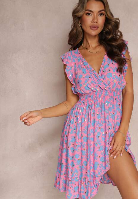 Fioletowa Wiskozowa Sukienka o Rozkloszowanym fasonie z Metalicznym Nadrukiem Aurasana