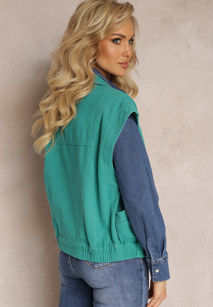 Zielona Jeansowa Kamizelka z Bawełny Zapinana na Guziki z Kieszeniami Yevani