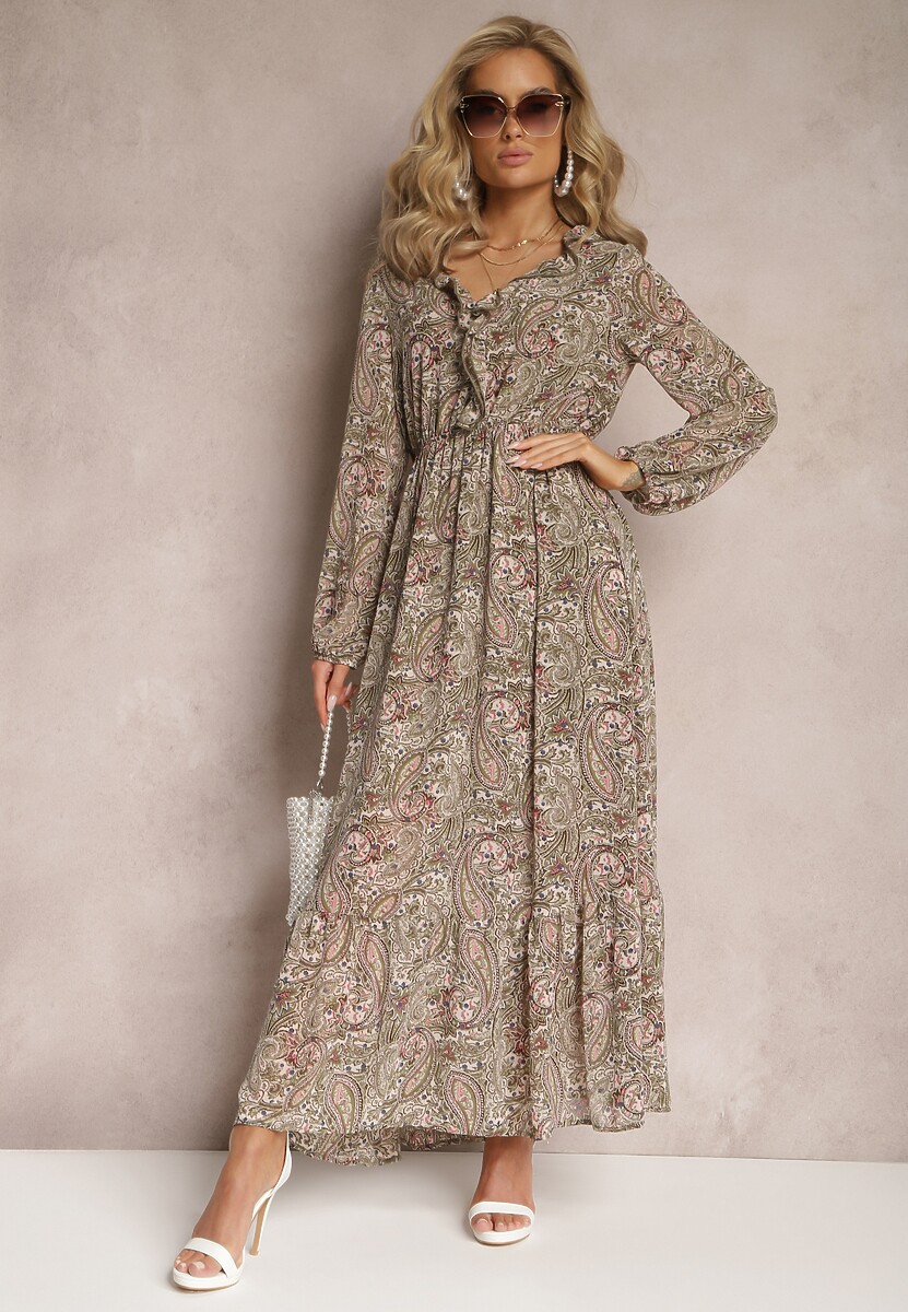 Brązowo-Beżowa Sukienka z Falbanką przy Dekolcie w Ornamentalny Wzór Mana