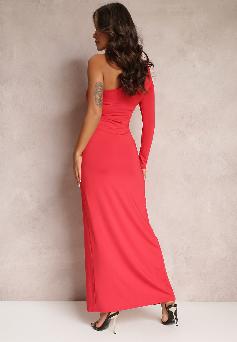 Czerwona Asymetryczna Sukienka Maxi Zdobiona Drapowaniem Kiari