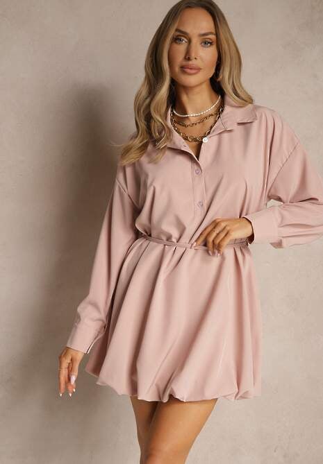 Różowa Sukienka Koszulowa Typu Bombka Ozdobiona Paskiem Lavirivae