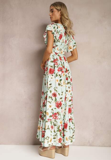 Jasnozielona Wiskozowa Sukienka w Kwiatowy Print Rozkloszowana Maxi Veradisia