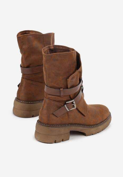 Ciemnobeżowe Botki z Nieregularną Cholewką Zdobioną Paskami i Sprzączkami Zinbelle