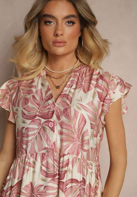 Ciemnoróżowa Rozkloszowana Sukienka z Wiskozą Zdobiona Roślinnym Printem Galmoi