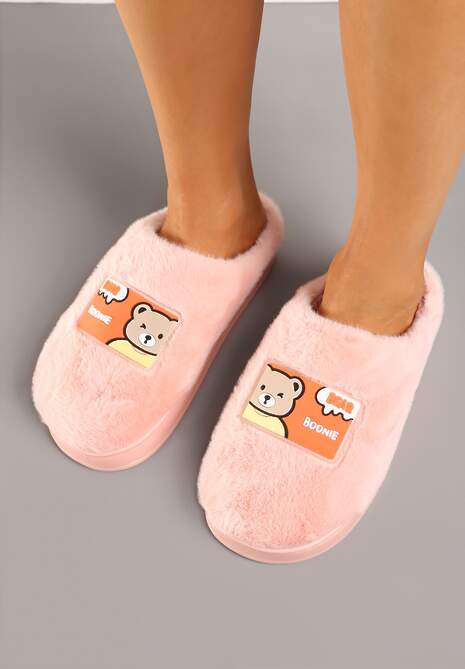 Różowe Futrzane Kapcie Vices na Platformie Ozdobione Naszywką Deofra