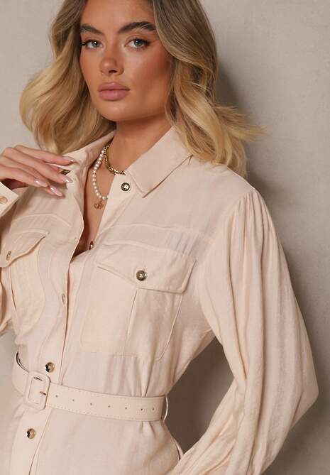 Beżowa Koszulowa Sukienka z Wiskozy z Paskiem z Klamrą i Kieszeniami Lisandrila
