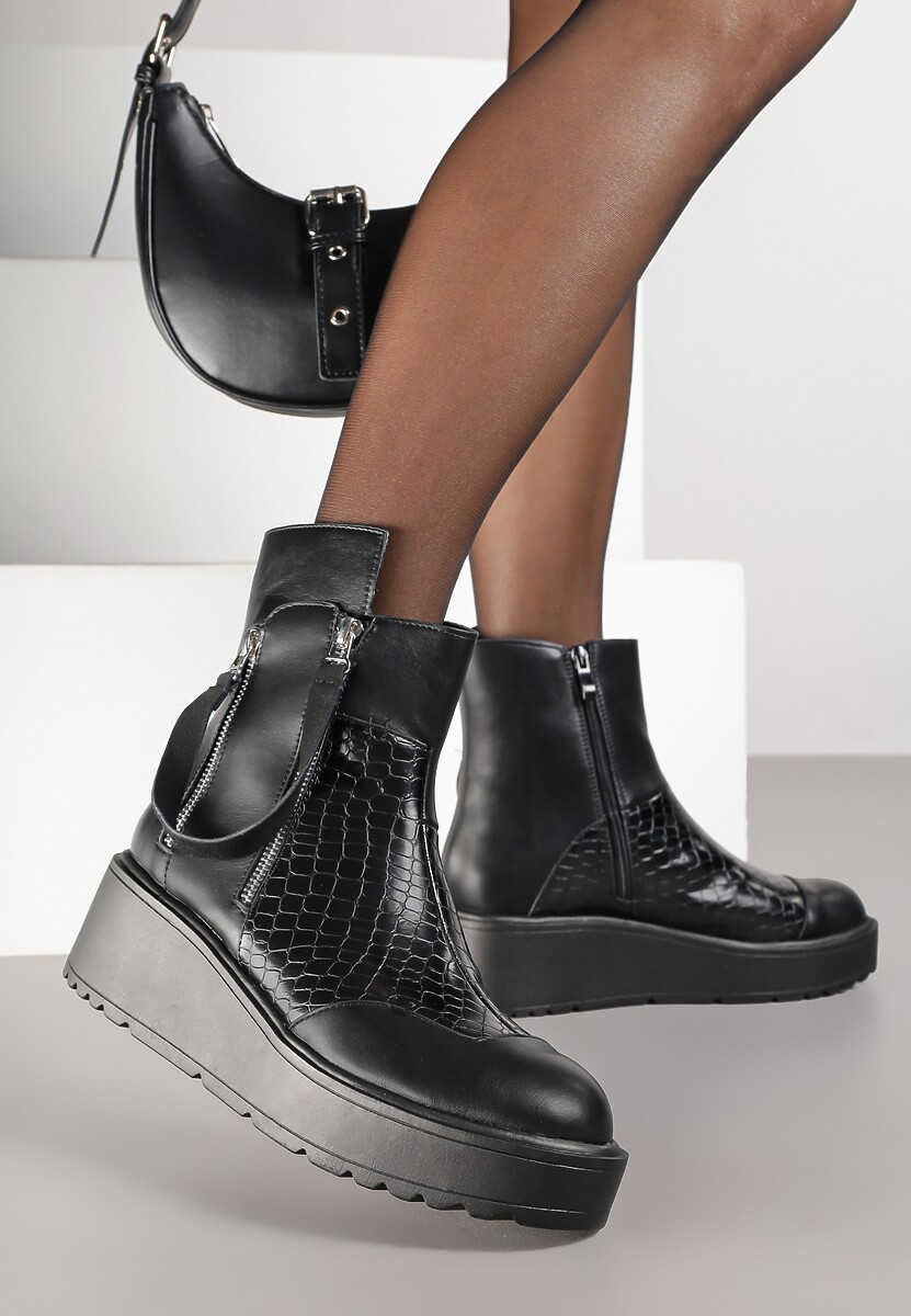 Czarne Botki Vices na Koturnie i Platformie Ozdobione Suwakiem Gattie