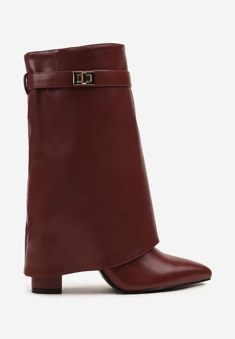 Bordowe Botki na Słupkowym Obcasie z Wywiniętą Cholewką ze Zdobieniem Tulareia