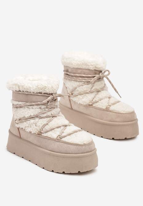 Beżowe Futerkowe Śniegowce Sznurowane na Grubej Podeszwie Werira