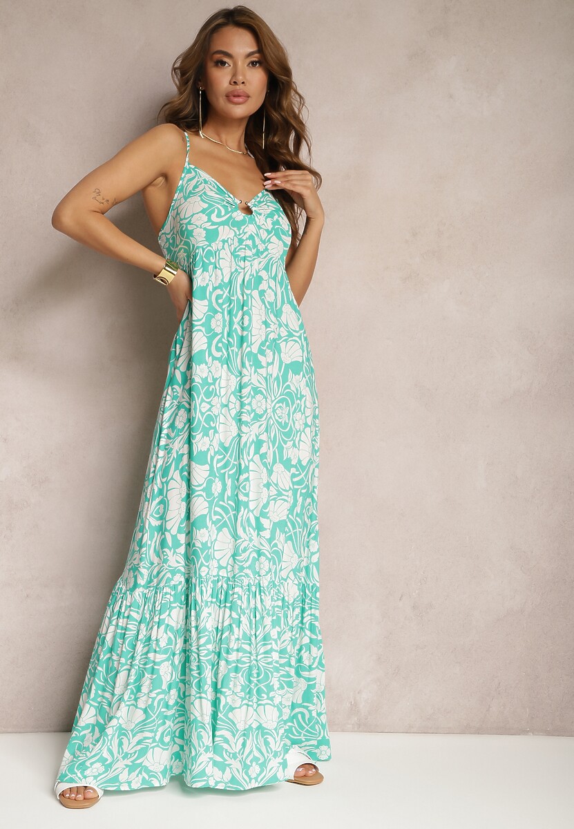 Zielona Bawełniana Sukienka Maxi na Ramiączkach z Kwiatowym Wzorem i Falbanką Mawidiona