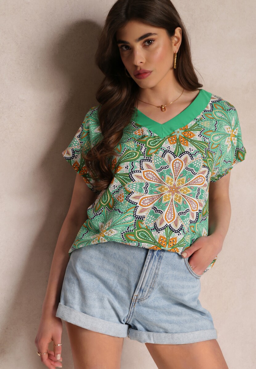 Zielona Wiskozowa Bluzka z Krótkimi Rękawami w Kwiatki Gamila