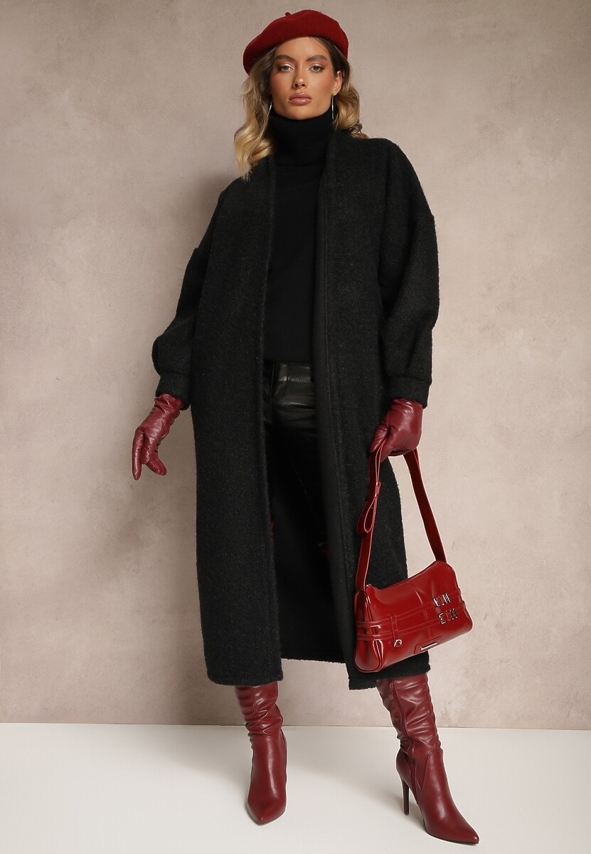 Czarny Długi Kardigan Bez Zapięć z Kieszeniami i Ściągaczami przy Mankietach Jackidra