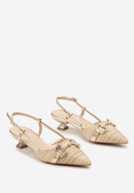 Złote Sandały Ozdobione Plecionką na Niskim Obcasie Zapinane na Sprzączkę wokół Kostki Ilottia