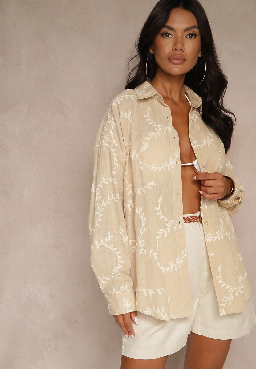 Beżowa Koszula z Lnu i Bawełny Zdobiona Roślinnym Haftem Nevairine