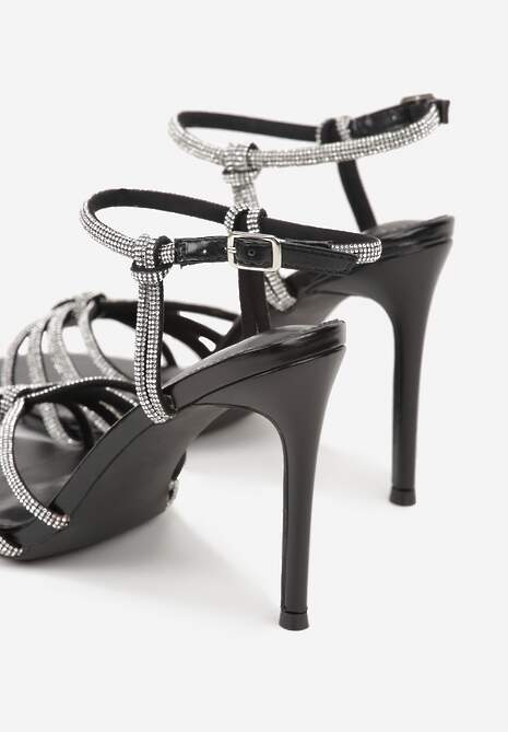 Czarne Sandały na Szpilce z Przeplatanymi Paskami z Cyrkoniami Lunafera