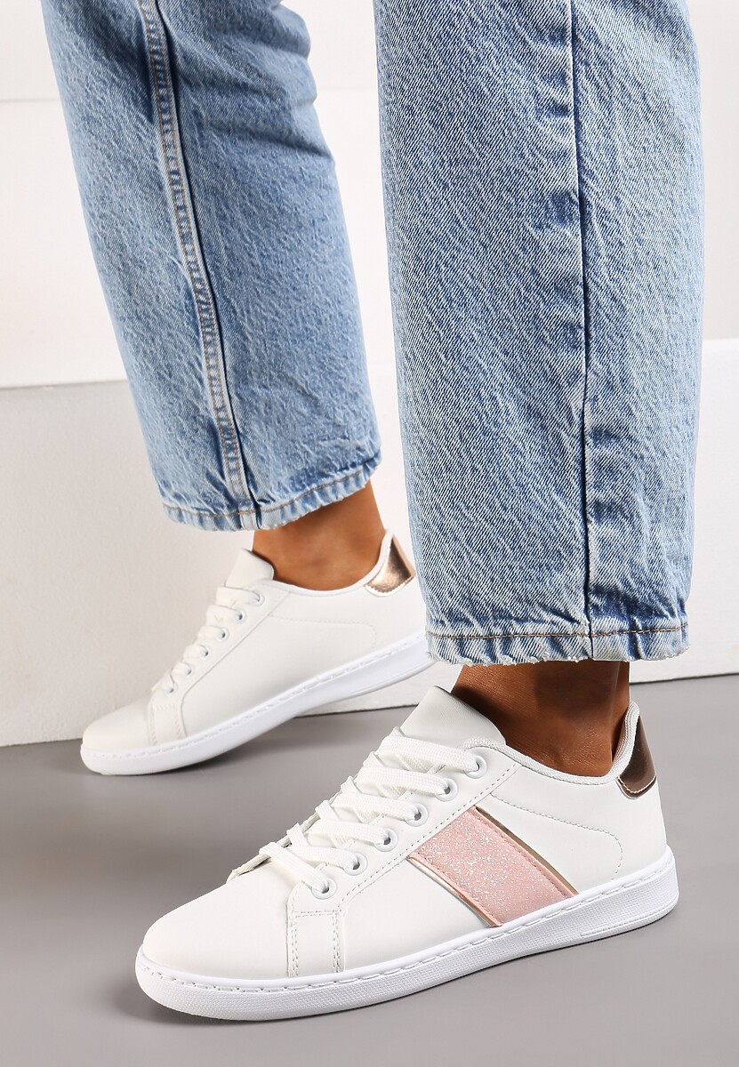 Biało-Różowe Sneakersy Sznurowane Ozdobione Brokatem Vistasta
