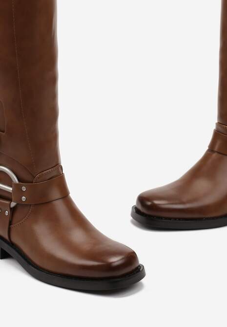 Jasnobrązowe Kozaki Biker z Ozdobnymi Klamerkami i Kwadratowym Noskiem Vivao